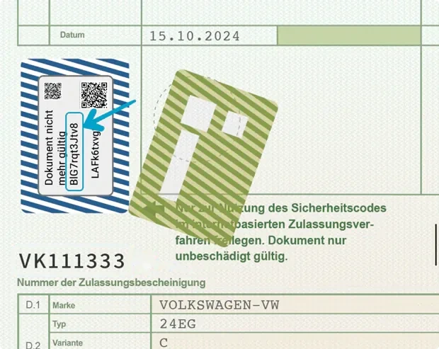 Beispiel-Fahrzeugbrief (Zulassungsbescheinigung Teil II): freigelegtes Feld mit Sicherheitscode markiert