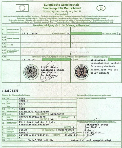 Beispiel: Fahrzeugbrief (Zulassungsbescheinigung Teil II)
