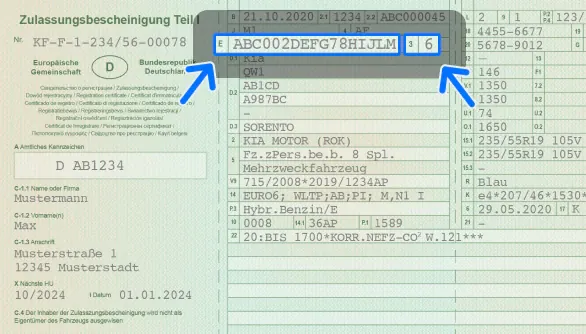 Der Fahrzeugschein mit der Fahrzeugidentifikationsnummer