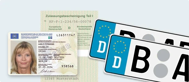 Personalausweis, Fahrzeugschein (Zulassungsbescheinigung Teil I) und Kennzeichen