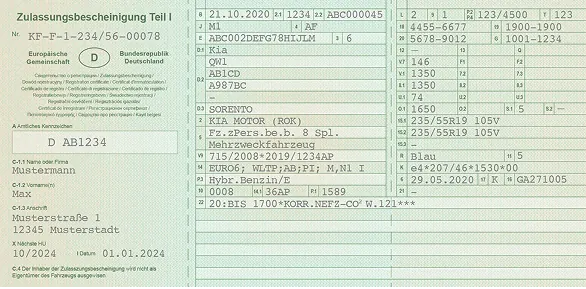 Beispiel: aufgeklappter Fahrzeugschein (Zulassungsbescheinigung Teil I)