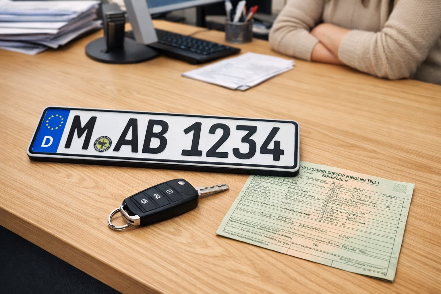 Kennzeichen, Fahrzeugschlüssel und Zulassungsbescheinigung Teil I auf dem Tresen einer Zulassungsstelle