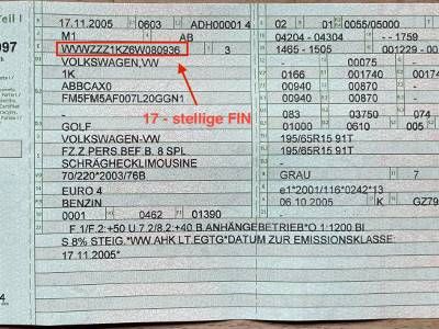 Fahrzeugidentifikationsnummer (FIN) 